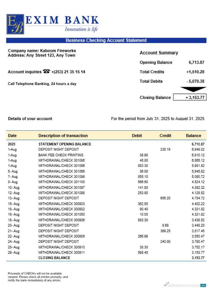 Download Exim bank business account statement Word and PDF template Photoshop template